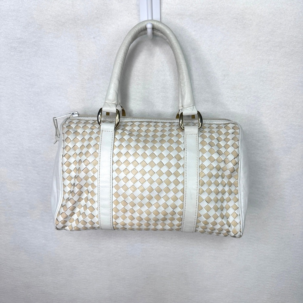 Ganson Woven Leather Satchel Bag‎ Cream White Basketweave Gold Hardware Handbag